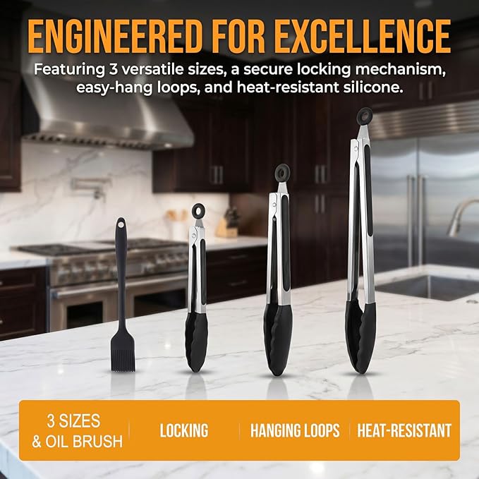 Kitchen Tongs for Cooking, Set of 4 with Oil Brush (7" 9" 12"), Heat Resistant 572°F Stainless Steel, Heavy Duty Metal Locking Tongs with Silicone Tips, Black, BBQ Grilling Dishwasher Safe