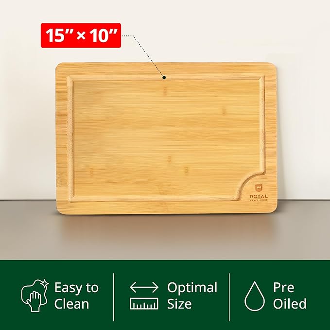 ROYAL CRAFT WOOD Bamboo Cutting Board with Juice Groove - Kitchen Chopping Board for Meat Cheese and Vegetables, Heavy Duty Serving Tray w/Handles (Large,10 x 15")
