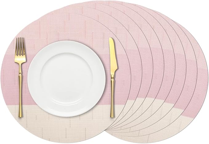 Round Placemats Set of 8, 15 Inch Woven Vinyl Heat Resistant Place Mats, Washable Non Slip PVC Table Mats for Kitchen Dining Party Outdoor Table Decor (Beige Pink, 8)