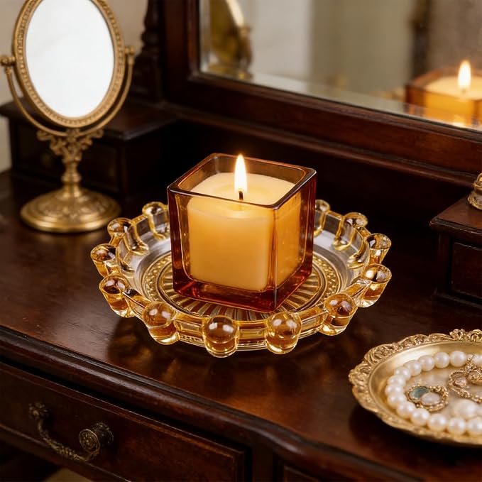 Glass Candle Holder Tray – Decorative Bubble Candle Dish for Home Decor Jewelry Holder Dish Tea Light & Votive Display Glass Plate Accessory