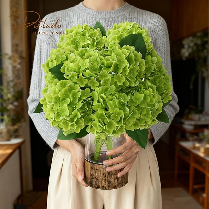 A Bunch 21in, Real Touch Green Hydrangea Artificial Flowers, with 5pcs Flower Head 10pcs Leaves,Faux Hydrangea Flowers for Home Office Decor Wedding Party Arrangements (1, Green)