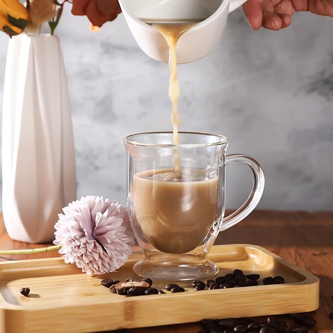 Gejoy 6 Sets Double Wall Glass Coffee Mugs with Spoon Insulated Clear Coffee Mug with Handle Borosilicate Glass Coffee Cups Latte Cup for Cappuccino, Tea, Latte, Espresso, Hot Beverage(16 OZ)