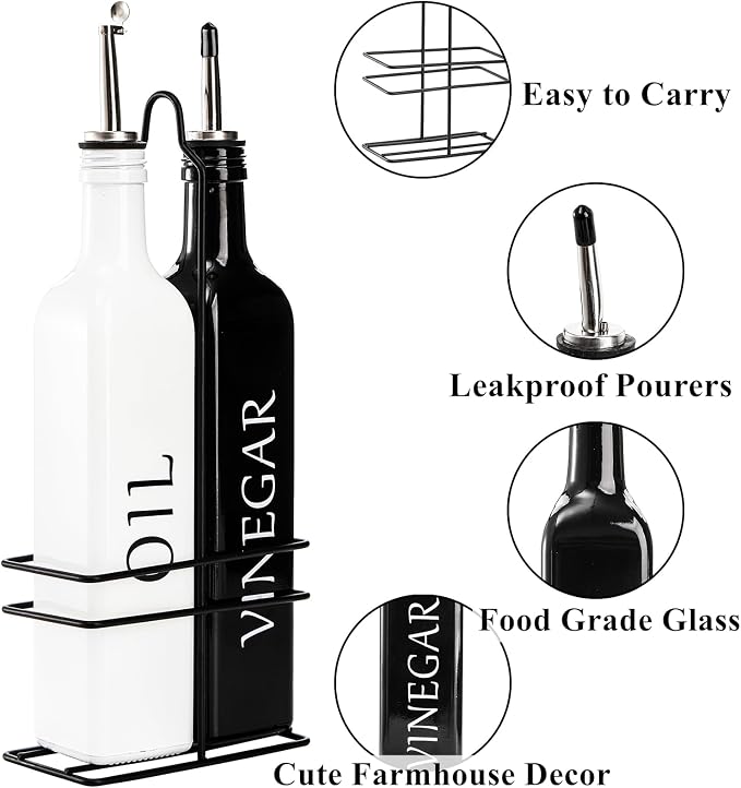 Tebery 2 Pack Oil and Vinegar Dispenser Set with Caddy Holder, 17oz Black & White Olive Oil Dispenser Bottle, Cute Modern Vintage Glass Cruet for Kitchen