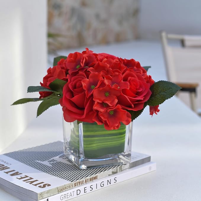Fule Artificial Silk Rose Flower Centerpiece Arrangement in vase for Home Wedding Decoration (Red)