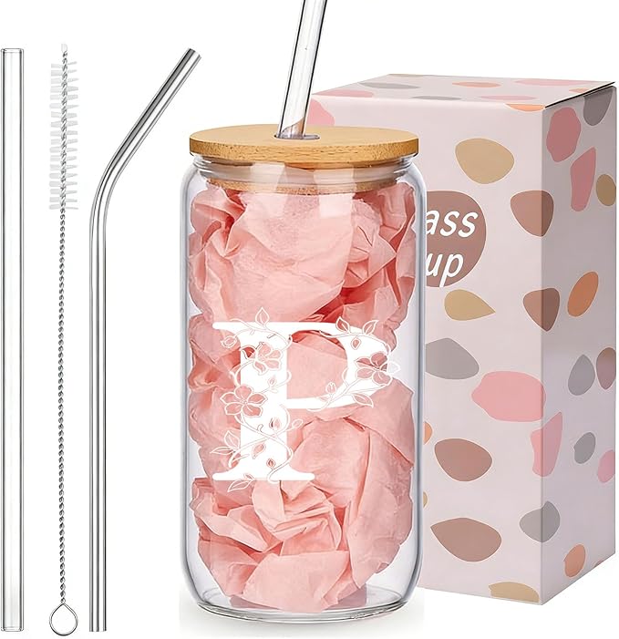 Personalized Gifts for Women, Monogrammed Glass Cups with Lids and Straws, Customized Gifts for Women, Cute Design Initial Iced Coffee glasses, Custom Letter Mug, Birthday Bridesmaid,P