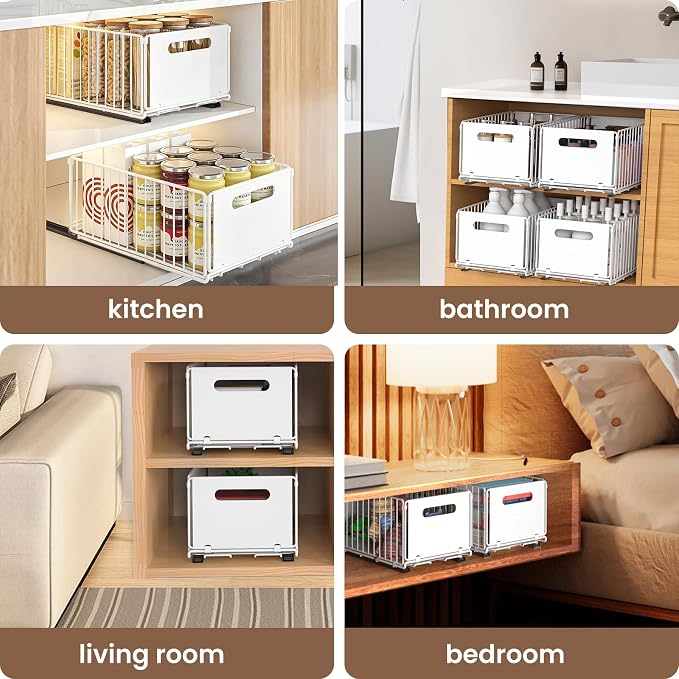 2 Pack Pull Out Cabinet Organizer, Heavy Duty Slide Out Drawer with No Drill Adhesive or Screw Mount, Carbon Steel Roll Out Shelf for Kitchen Cabinet, Pantry & Bathroom Storage