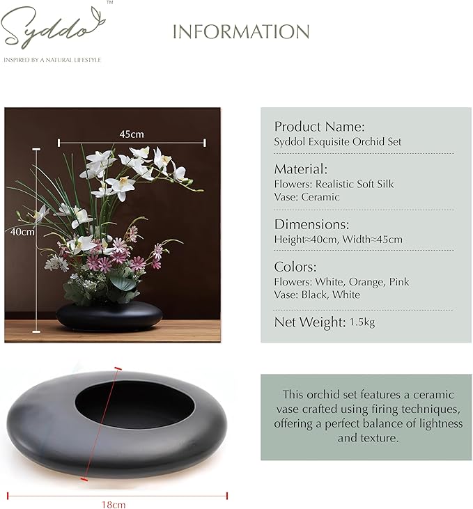 SYDDOL 17'' Artificial Phalaenopsis Flowers Arrangement Artificial Orchid Bonsai in Ceramic Pot Zen Fake Flower Silk Orchid Flower for Home Wedding Party Décor Mothers Day Flowers (White + Blacke Pot)