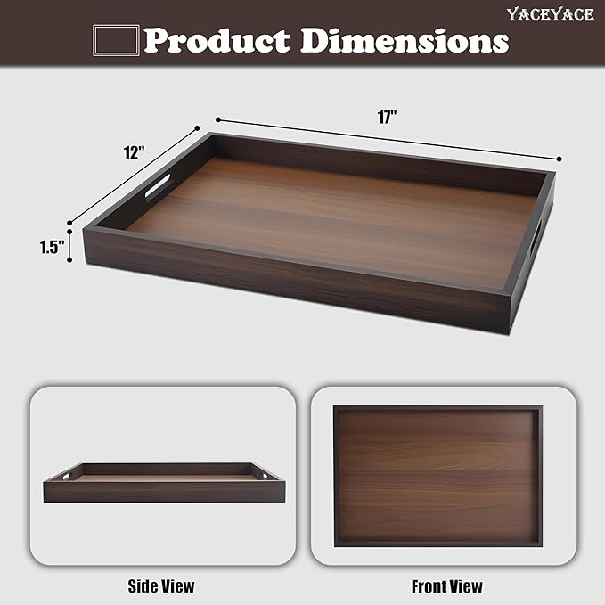 Wood Serving Tray Large, 17"x12"x1.5" Large Serving Tray with Inset Handle for Ottoman, Home Decor, Bathroom, Party, Dining, Coffe Table