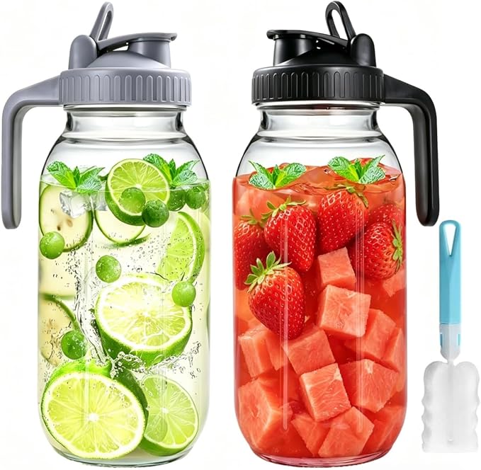 2 Pack 64 oz Glass Pitcher With Lid, Mason Jar Pitcher, 2 Quart Breast Milk Pitcher Jug with Flip Cap Leak Proof, Glass Sun Tea Jar for Ice Tea, Cold Brew Coffee, Breast Juices