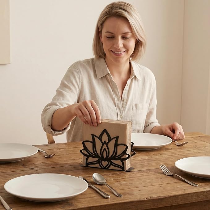 2Pack Lotus Napkin Holder for Table, Modern Metal Black Napkin Holders for Kitchen Dining Tables & Countertops, Paper Cocktail Napkins Holder Dispenser for Indoor & Outdoor