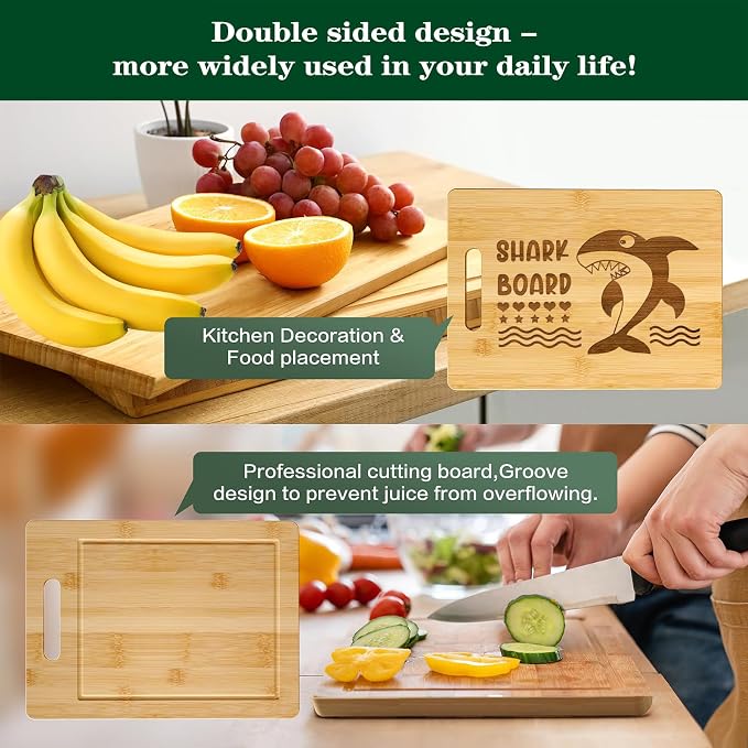 Bamboo Cutting Board for Kitchen, Heavy Duty Wood Shark Charcuterie Boards with Juice Groove, 100% Organic Bamboo, Pre Oiled, 13"