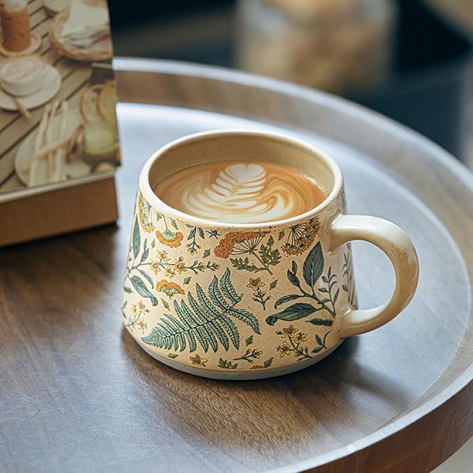 Ceramic Coffee Latte Mug, Vintage and Cute Floral Pattern With Handle, Unique Watercolor Floral Design Teacup, Suitable for Home and Office use, Microwave Safe (Green)
