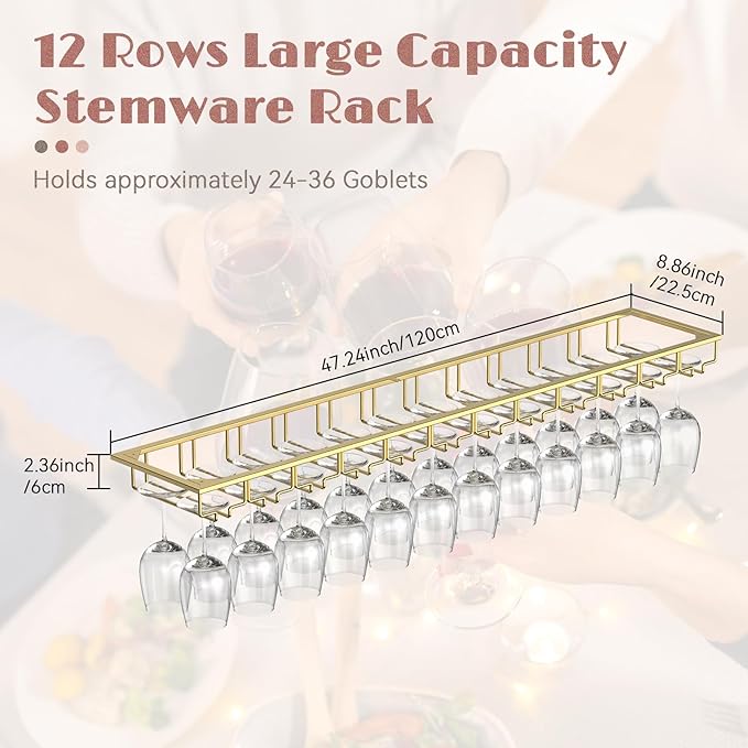 Xverycan Wine Glass Rack Under Cabinet, 12 Row Extreme Large Stemware Hanger, Metal Wine Goblet Holder, DIY Bar Glass Storage Rack for Bar Counter, Kitchen, Screws Included (Gold)