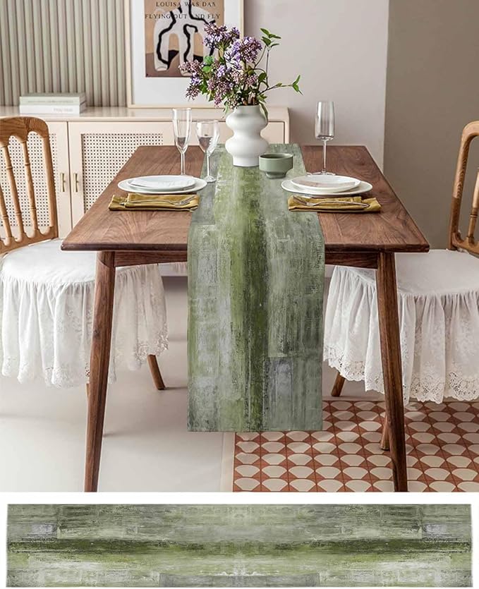 Sage Green Table Runner - 72 Inch Long, Oil Modern Paintings Abstract Kitchen Dining Table Runner Dresser Scarves, Geometric Artwork Grey Green Tablerunner for Coffee Table Wedding Party, 16x72 in