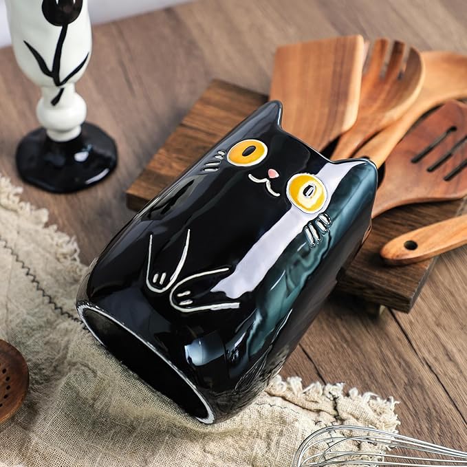 SOCOSY Black Cat Ceramic Kitchen Utensil Holder For Countertop, Cooking Utensil Crock Holder Spatula Holder