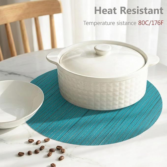 AHHFSMEI Round Placemats Set of 6 Woven Vinyl Non-Slip Heat Resistant Stain Resistant Easy Clean Place mats for Dining Table(Turquoise)
