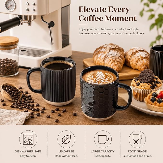 GBhome Large Coffee Mugs Set of 4, 16oz Handmade Stoneware Coffee Mugs Set with Large Handle for Cappuccino/Latte/Tea/Hot Cocoa, Dishwasher & Microwave Safe, Black