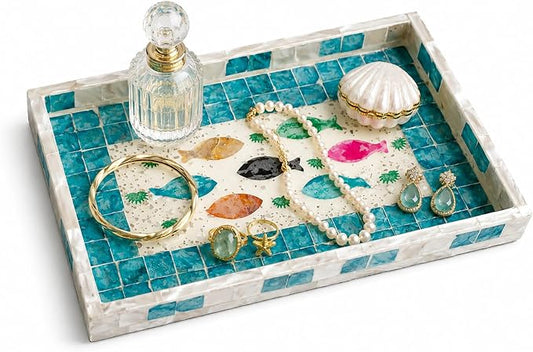 Mother of Pearl Inlay Wooden Tray – Handmade Decorative Rectangle Serving Tray for Coffee Table, Kitchen, Bathroom, Vanity or Living Room Decor,Fish 2