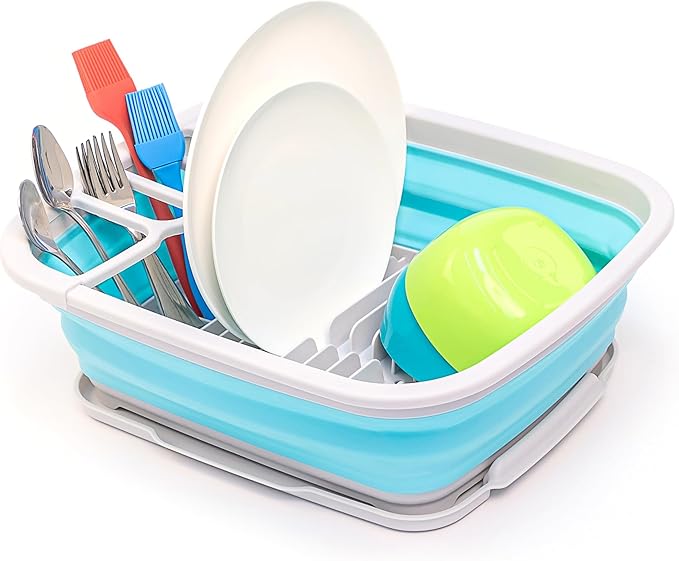 SAMMART 8L (2.11Gallons) Collapsible Plastic Dish Drainer with Drainer Board - Foldable Drying Rack Set - Portable Dinnerware Organizer - Space Saving Kitchen Storage Tray (Grey/Cyanine, 1)