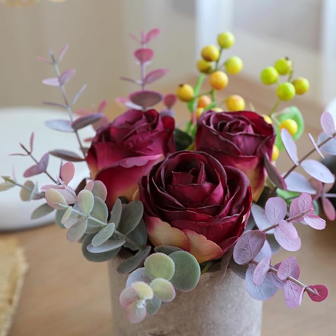 Small Artificial Burnt Burgundy Rose Potted Plant, 6" Fake Silk Flowers in 3" Cylindrical Pot, Mini Faux Floral Arrangement for Desk Shelf Bathroom Decor