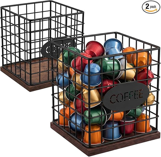 LemonRoad 2 Pack Coffee Pod Holder Organizer Metal Pod Storage Basket with Wood Base Black Large Capacity Capsule Holder for Kitchen Counter Coffee Bar Accessories Office Desk Supplies