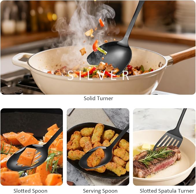 304 Stainless Steel Cooking Utensils Set,9PCS Metal Kitchen Utensils Set with Wooden Handle,Solid Spoon,Spatula,Ladle,Skimmer,Spaghetti Spoon,Dishwasher Safe(Black)