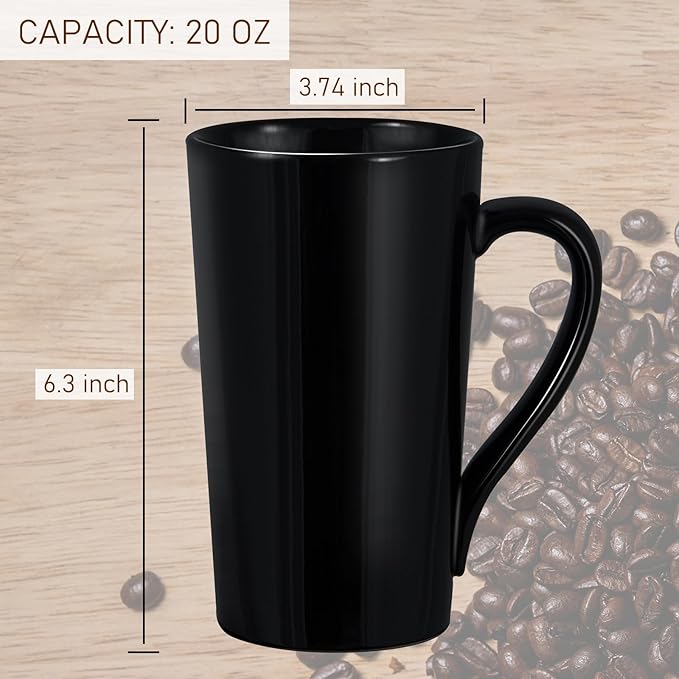 20oz Porcelain Coffee Mugs Set of 4, Large Tall Coffee Mugs with Handles, Modern Ceramic Coffee Cups for Coffee, Tea, Cocoa, Milk, Gifts for Women Men - Black