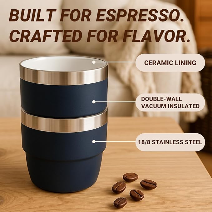 4 oz Small Espresso Cup, Ceramic-Lined 18/8 Stainless Steel, Double-Wall Vacuum Insulated, Stackable, Dishwasher Safe, Fits Most Espresso Machines, for Espresso Shots (Lilac, 2 Pack)