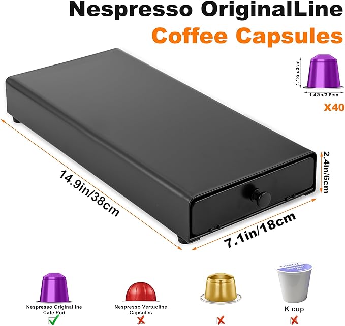 ROWISE Coffee Pod Drawer Compatible with Nespresso Original Line, Coffee Pod Holder for counter, 40 Capsules Capacity, Black