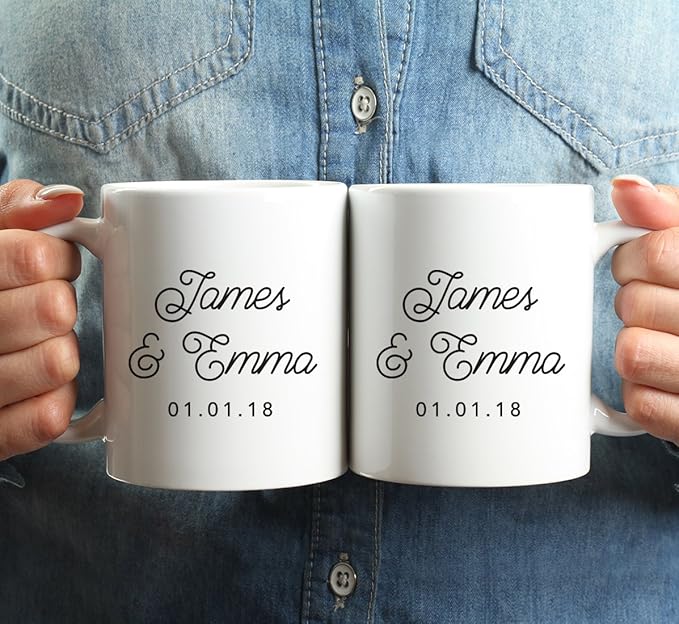 Andaz Press Personalized Name 11oz. Ceramic Ceramic Valentines Day Coffee Mugs Wedding Anniversary Couples Gift Set, Bride Groom Names and Date, 2-Pack, Custom Names, Long Distance Gift Ideas