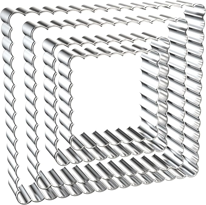 Scalloped Square Cookie Cutter Set - 5 Inch, 4 Inch, 3 Inch, 2 Inch - Fluted Edge Wavy Square Plaque Cookie Cutters Shapes Biscuit Molds - Stainless Steel