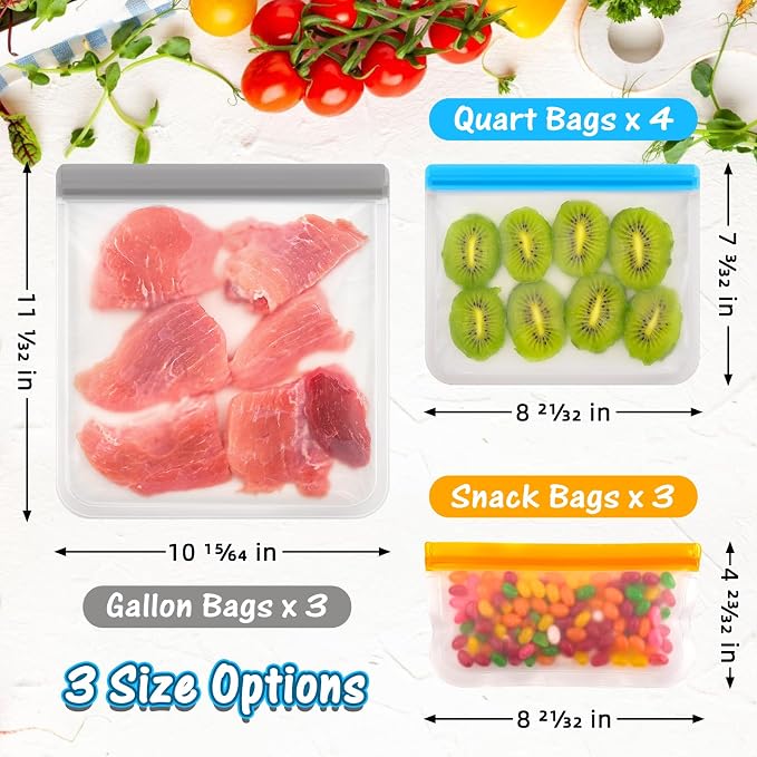 FUNFERY 10 Pack Silicone,Reusable Freezer Bags with Zipper,Leakproof Reusable Silicone Food Storage Bag for Meat,Lunch,Travel-3 Gallon,3 Snack 4 Sandwich Bags