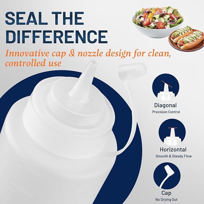 32oz Squeeze Bottles, Clear Condiment Squeeze Bottles for Sauces, Plastic Ketchup Bottle Squeeze for Liquids, Cooking Squirt Bottle for Kitchen, Oil, Food - 6 Pack