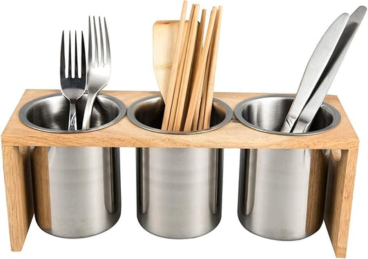 IMEEA Silverware Caddy Flatware Holder Stainless Steel Utensil Caddy Organizer with Wood Base for Countertop Parties Kitchen