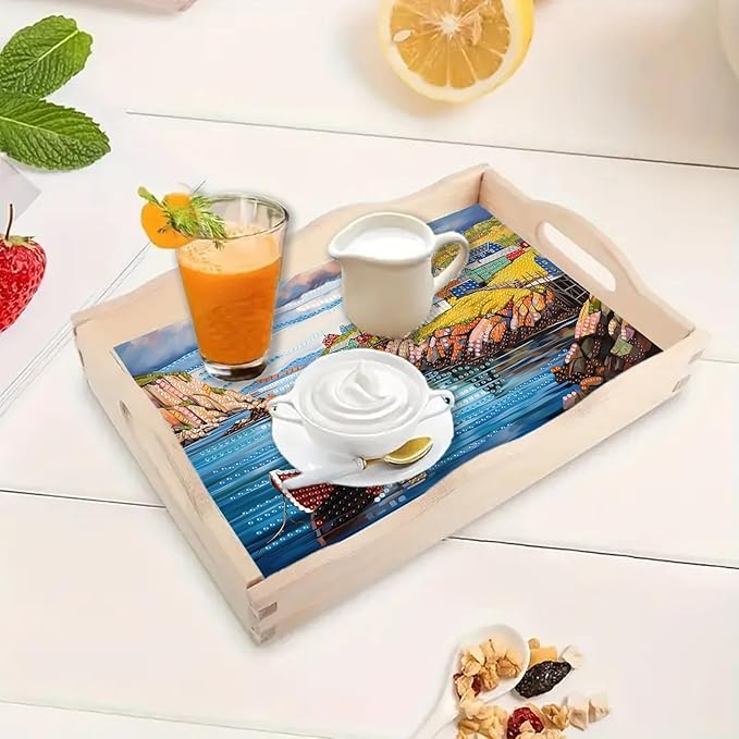 BAYUNOE DIY Diamond Serving Tray Rectangular Breakfast Tray with Handle Handmade Diamond Art Painting Wooden Tray Spring Creative Dinner Plate Coffee Room Living Home Organizer-Seaside Village