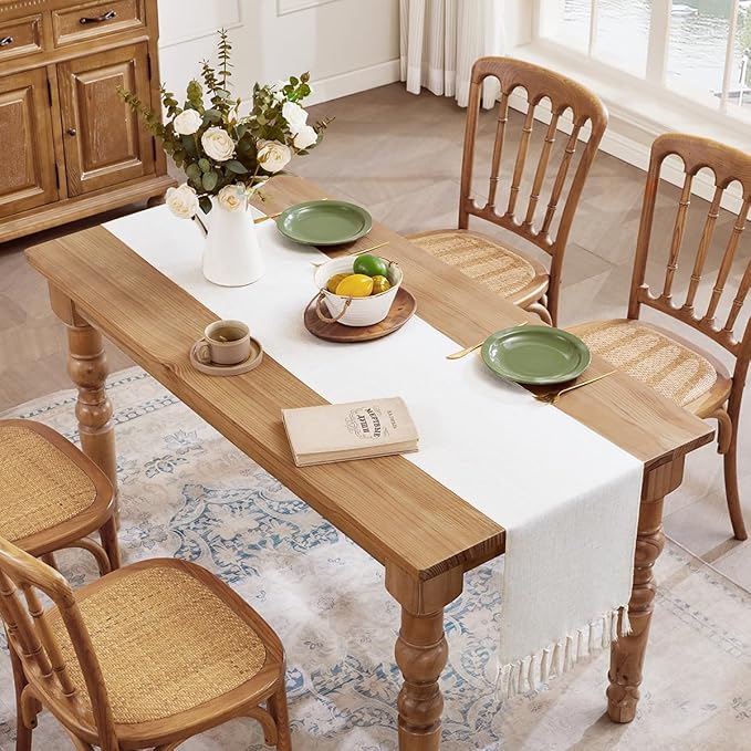 Linen Style Rustic Table Runner, Farmhouse Cotton Linen Table Runner, Boho Table Runners 72 Inches Long with Hand Tassels for Home Tabletop Decor and Everyday Use - Off White, 72 Inch