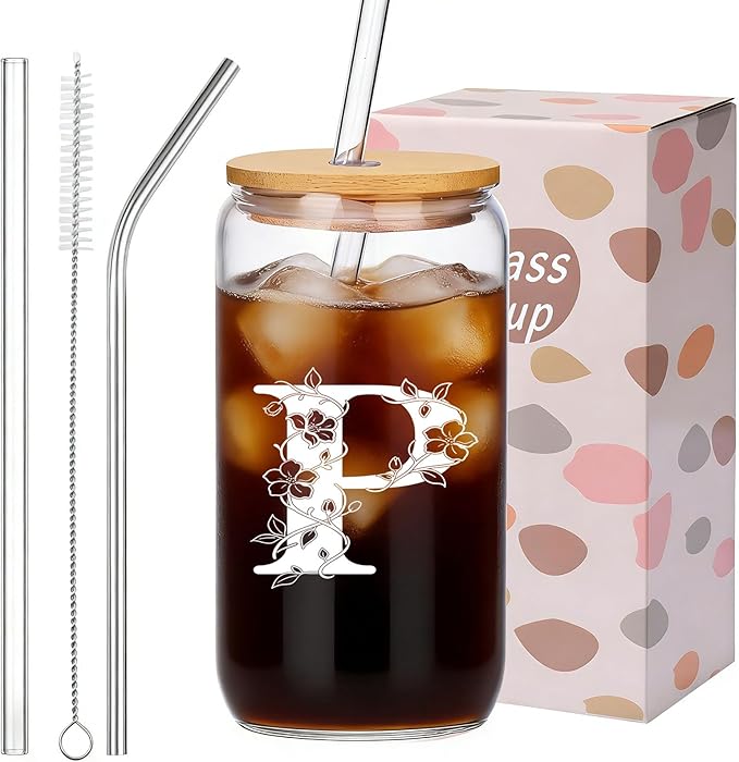 Personalized Gifts for Women, Monogrammed Glass Cups with Lids and Straws, Customized Gifts for Women, Cute Design Initial Iced Coffee glasses, Custom Letter Mug, Birthday Bridesmaid,P