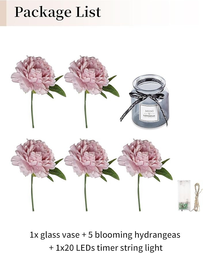 BLOSMON Pink Artificial Flowers in Vase: Fake Hydrangea with Gray Vase LED Light for Table Centerpieces Decor - Small Faux Arrangements Desk Vanity Bathroom Office Decoration (8.2" Height)