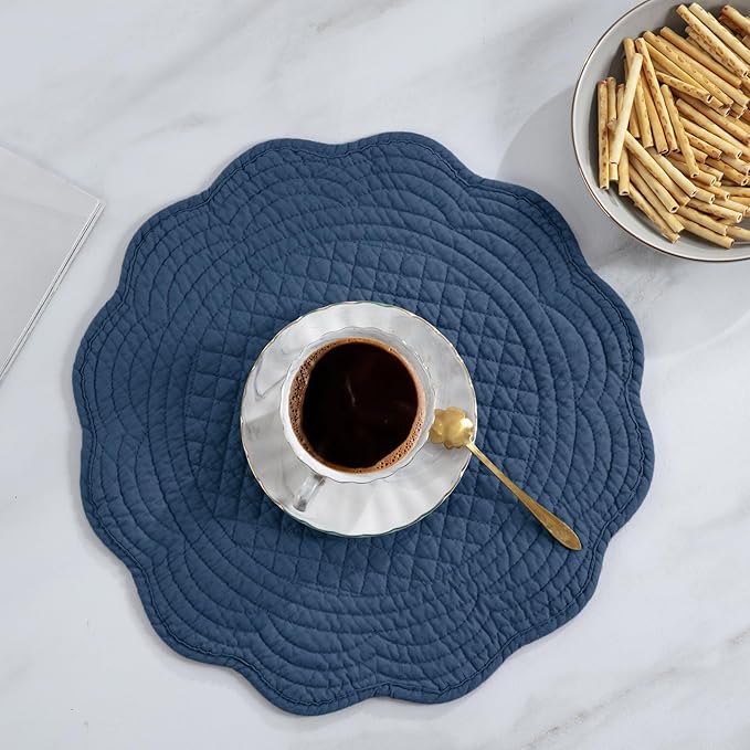HOMBYS Quilted Placemats Set of 6 Washable Round Placemats for Kitchen Table-100% Cotton Fabric 14 Inch Round Table Mats, Cotton Fabric with Microfiber Filling, (14"x14", Sapphire Blue)