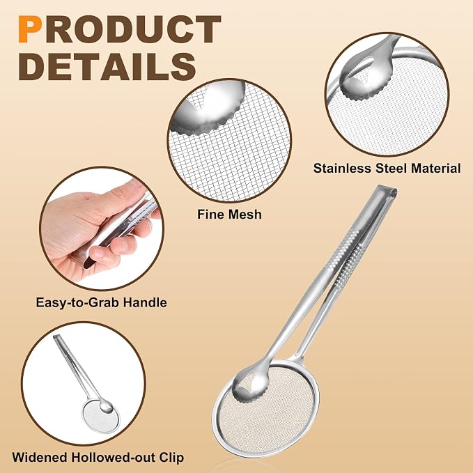 uxcell Stainless Steel Strainer Tongs, 11.2" Multi-Functional Food Strainer with Clip Fine Mesh Oil Filter Skimmer Hot Pot Clips for Kitchen Tool Restaurant Frying Cooking, Silver