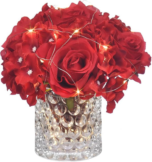 Rose Silk Flower Arrangement Artificial Vivid Rose in Glass Vase with LED Light Elegant Centerpiece for Home Wedding Bathroom Table Shelf Decoration (Red)