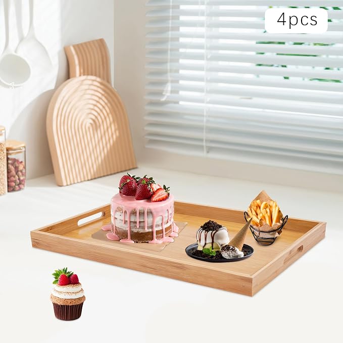 4 Pack Large Serving Trays with Handles Wooden Tray for Food Dinner Breakfast Portable Decorative Wood Plate for Kitchen Living Room
