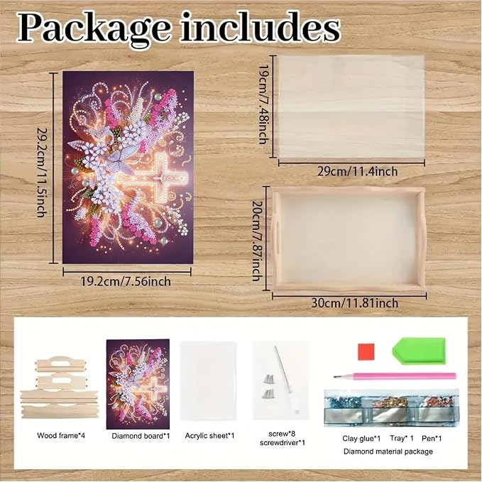 BAYUNOE DIY Diamond Serving Tray Rectangular Breakfast Tray with Handle Handmade Diamond Art Painting Wooden Tray Spring Creative Dinner Plate Coffee Room Living Home Organizer-Glowing Cross