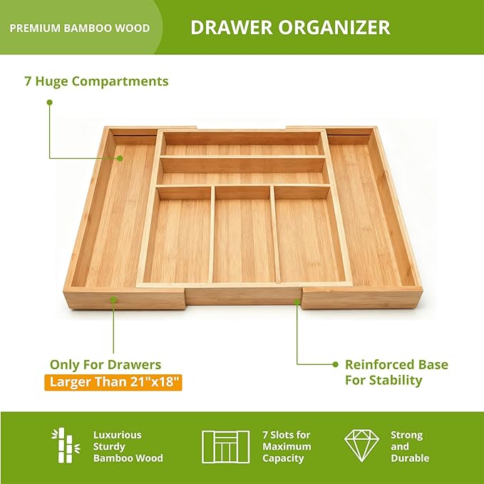 Premium Bamboo Kitchen Drawer Organizer, Perfect for Storing Cutlery, Silverware, and Gadgets, Suitable for Kitchens, Living Rooms, and Bedrooms, 5-7 Compartments, 13 to 19.6 Inches Wide