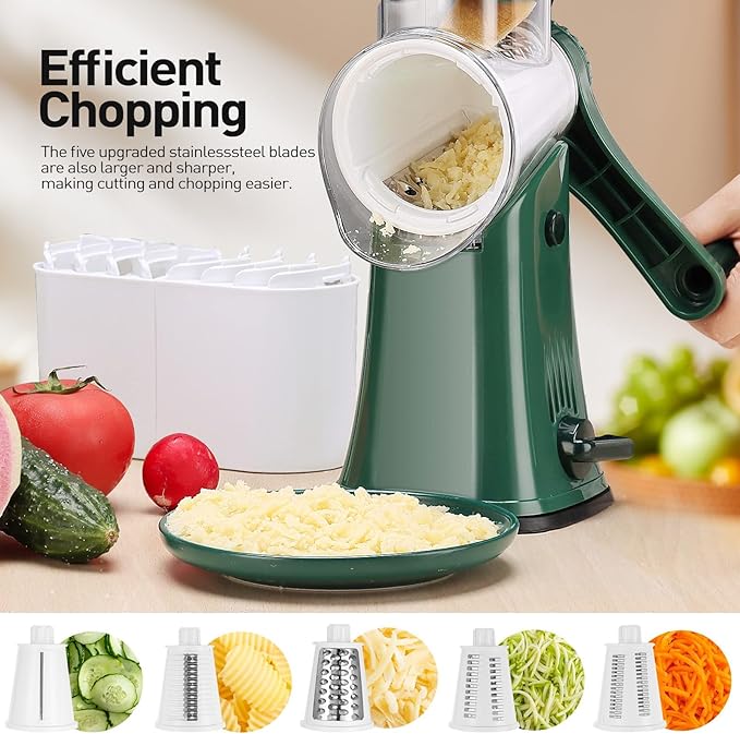 APSARAS USA Rotary Cheese Grater, 5 in 1 Rotary Grater, Cheese Grater Hand Crank, Replaceable Stainless Blades Cheese Shredder, Cheese Slicer, Easy to Clean Kitchen Gadgets with Storage Box
