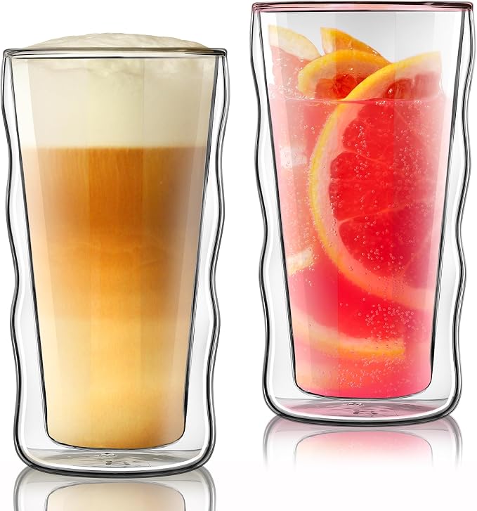 Joeyan Double Walled Insulated Tumbler,15 oz Beer Cocktail Glass Cups Highball Drinking Glasses,Double Lined Borosilicate Smoothie Hot Beverage Tea Coffee Glassware,Set of 2