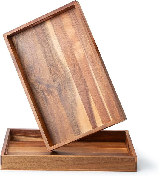 Wood Serving Tray with Handles Set of 2, Decorative Breakfast Tray Platter, Food Drinks Tray for Eating, Working, Storing, Coffee Table Used in Bedroom, Kitchen, Ottoman, Living Room, Bathroom
