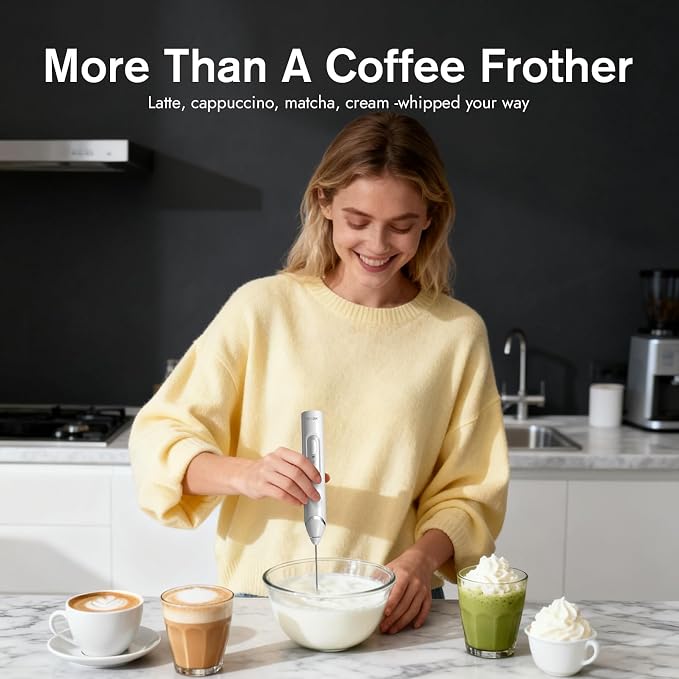 RAFOW Handheld Electric Milk Frother: Rechargeable Frother Wand with Stand, 3 Speeds & Detachable Double Whisk Drink Mixer, Froth Stirrer for Latte, Cappuccino, Cream, Matcha, Dalgona Coffee - White