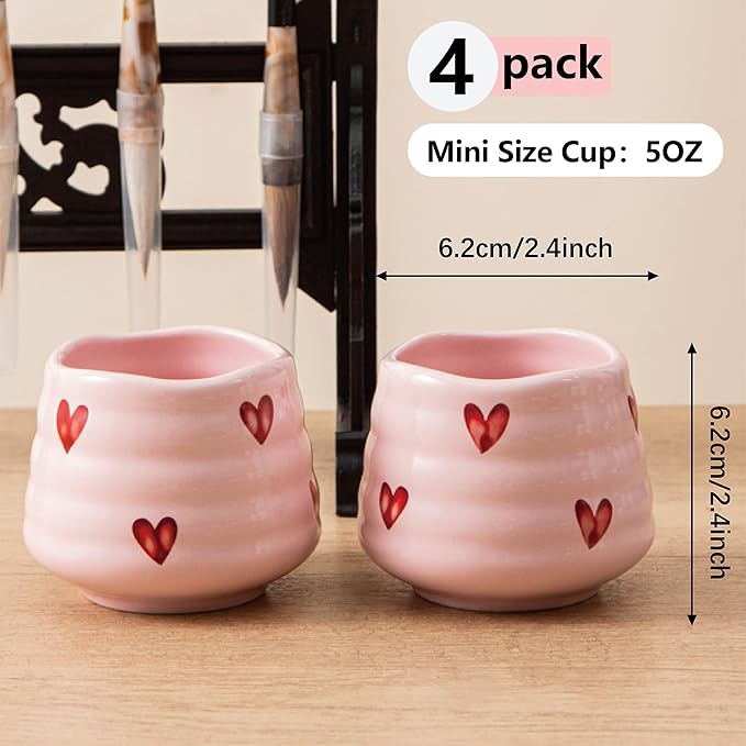 4pcs Japanese Tea Cup Set – Mini Size Cup 5OZ Ceramic Matcha Cup, Handless Espresso Cups, Cute Small Coffee Mugs for Coffee Tea Lovers, Dishwasher & Microwave Safe (Pink Love)
