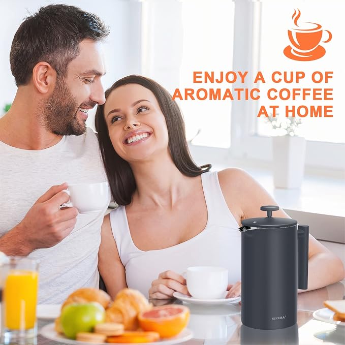Secura French Press Coffee Maker, 304 Grade Stainless Steel Insulated Coffee Press with 2 Extra Screens, 34oz (1 Litre), Grey (Pack of 2)